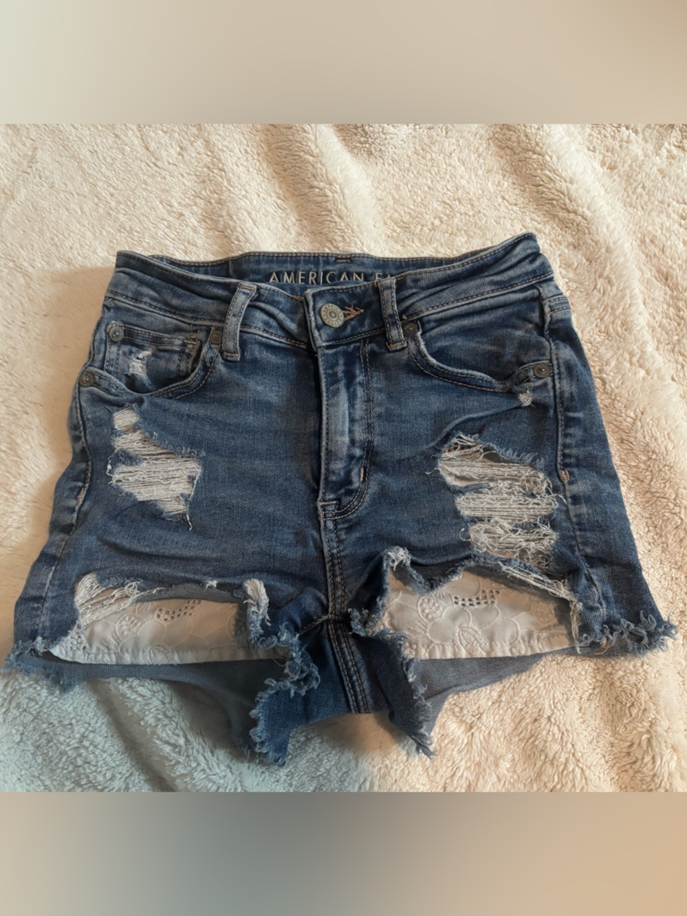 American Eagle Outfitters Distressed Dark Blue Denim Shorts (ultra high-rise)